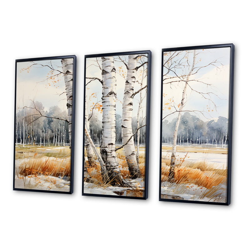 Beige et gris «Birch Beauty III», ensemble d'art mural Birch Tree, Cadre flottant noir, H 40 po x l 60 po x P 1 po