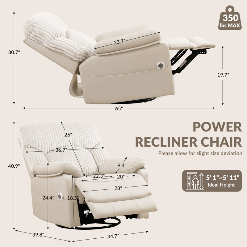Extra Wide Modern Corduroy Upholstered Recliner Heated Massage, Swivel Rocker Recliner With Charging Ports And PU Leather Seat