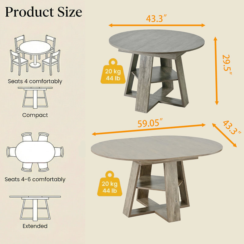 43.3"-59" Extendable Round Dining Table, Circle Kitchen Table Oval Dinner Table For 4-8, Farmhouse Dining Table With Removable Leaves Space Saving And Storage Shelf For Kitchen And Living Room, Natural