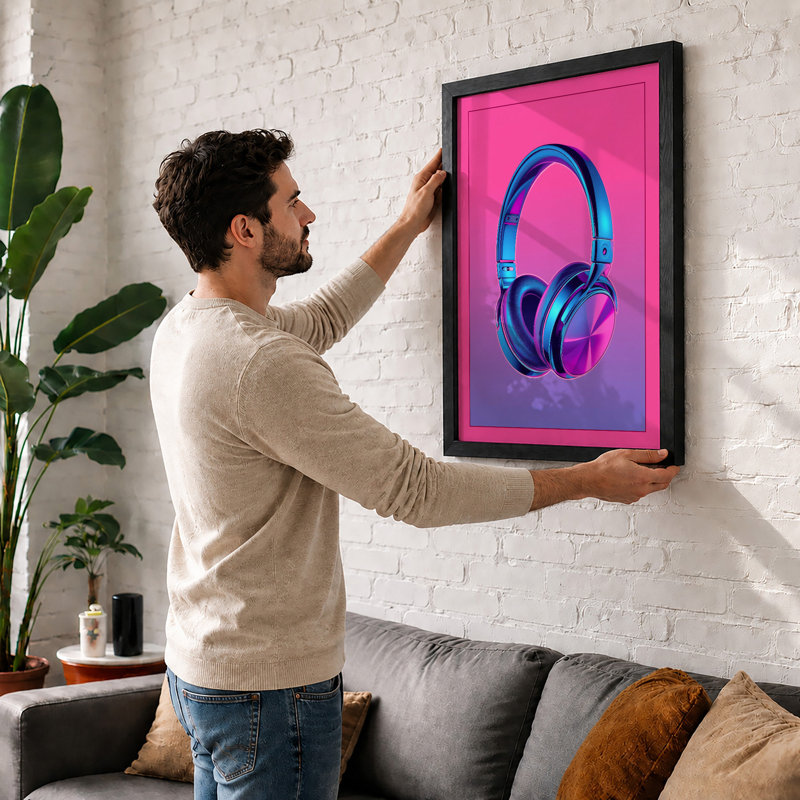 Neon Headphones Modern - Framed Print, Oak, A3 - 42.0 x 29.7 cm