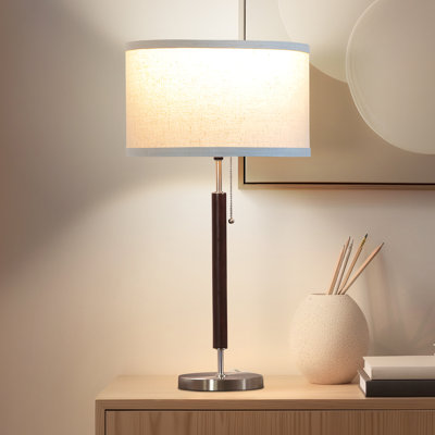 Carter 26 in. Mid-Century Modern Linen and Woodgrain LED Table Lamp
