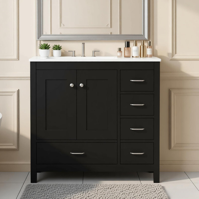 Meuble-lavabo contemporain 36 po, 4 tiroirs et 1 porte d'armoire, tablettes réglables, Noir