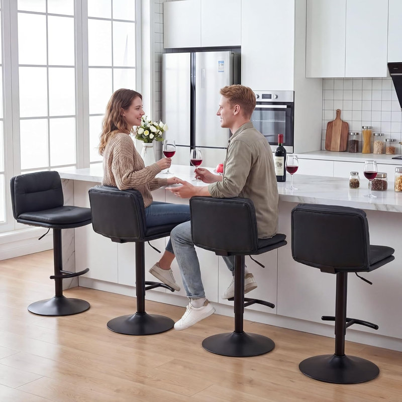 Tabourets de bar pivotants en similicuir avec dossier et repose-pieds, structure en acier à hauteur réglable (paquet de 3)
