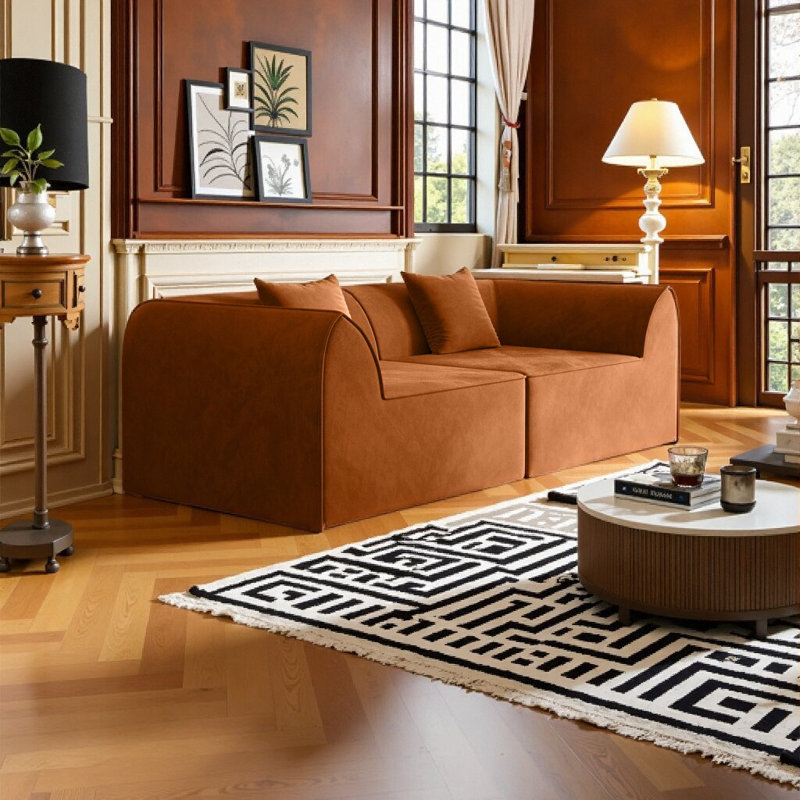 Modern Self-Expanding 2-Seater Sofa Daybed with Plush Pillows & Easy-Delivery Compression Technology, Orange
