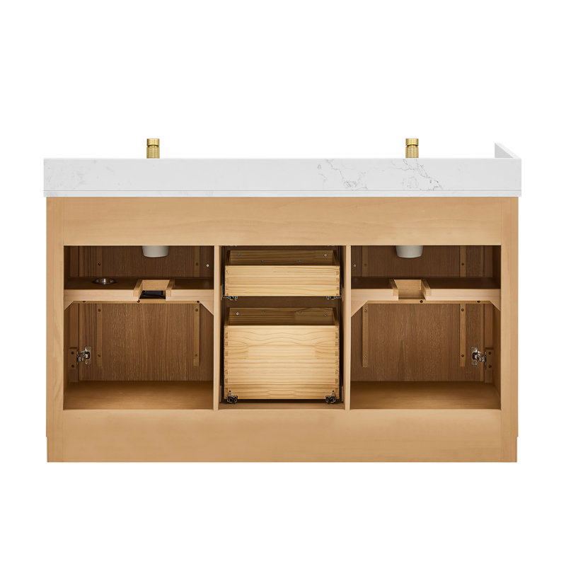 Meuble-lavabo double 60 po Carrasco en chêne brun naturel avec plateau en pierre de quartz blanc soyeux, Or brossé