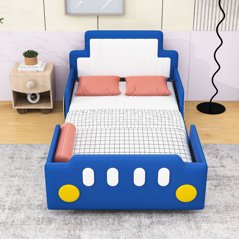 Upholstered Twin Race Car-Inspired Platform Bed With Guardrails And Sturdy Slats, Blue