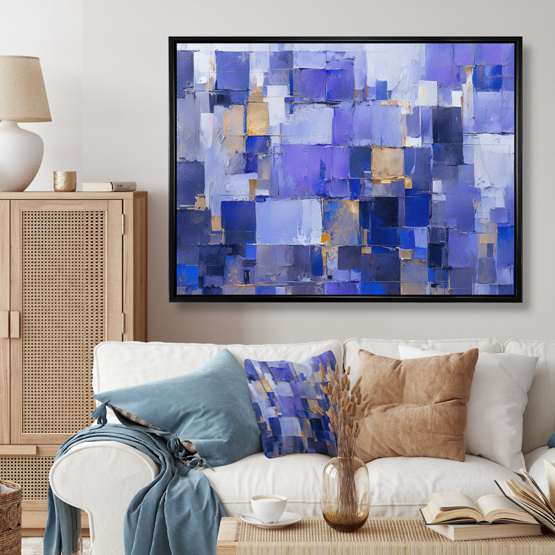 Abstrait contemporain noir, bleu et mauve sur toile, Cadre flottant noir, H 30 po x l 40 po x P 1,5 po