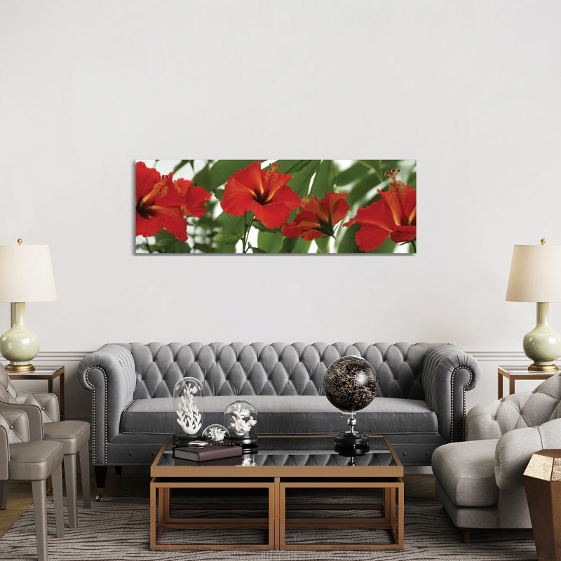 Close-Up Of Red Hibiscus Flowers - Wrapped Canvas Panoramic Print, 152.4 cm H x 50.8 cm W x 1.91 cm D