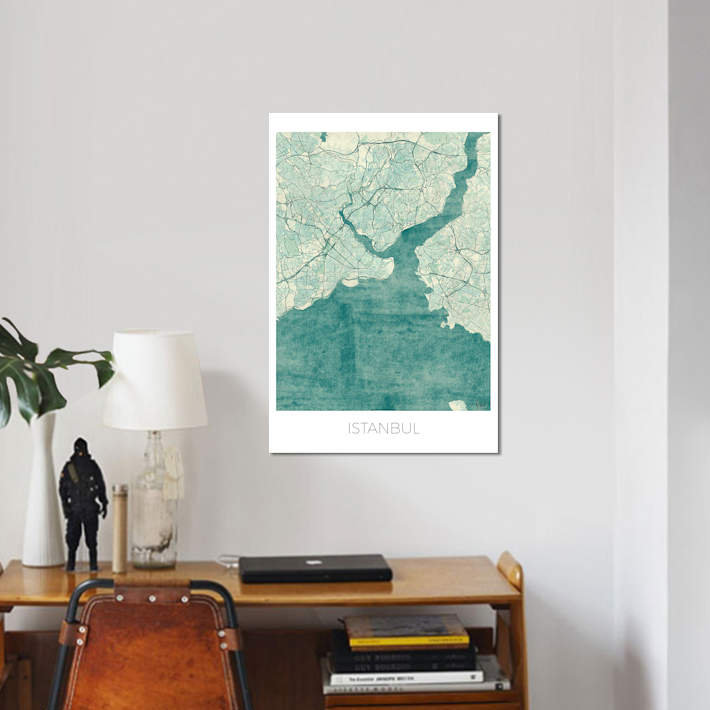 « istanbul rétro bleu aquarelle urban blueprint map », reproduction d’impression sur toile, H 26 po x l 18 po x P 1,5 po