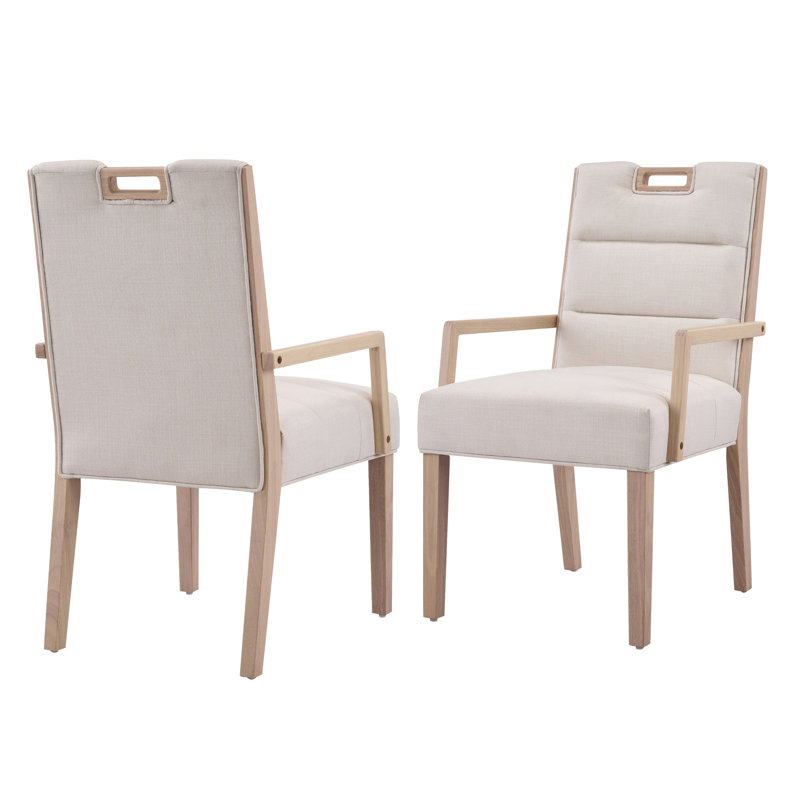 Chaises de salle à manger rembourrées avec accoudoirs et structure en bois d'hévéa naturel, ensemble de 2, Naturel
