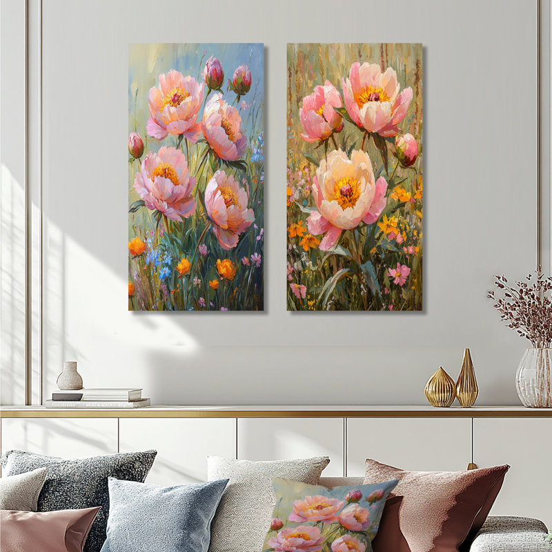 Pivoines dans la fleur sauvage, patch III, art mural floral 2 pièces, H 28 po x l 25 po, Toile tendue, Ne s'applique pas