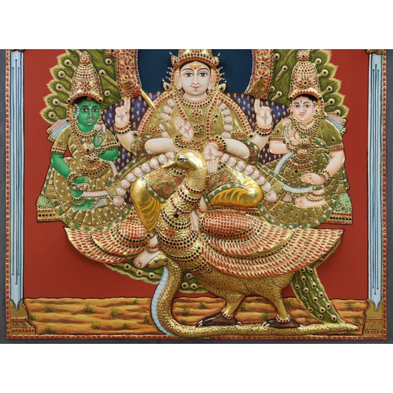 Lord Murugan avec Devasena et Valli | Peinture de Tanjore | Couleurs traditionnelles avec travail doré