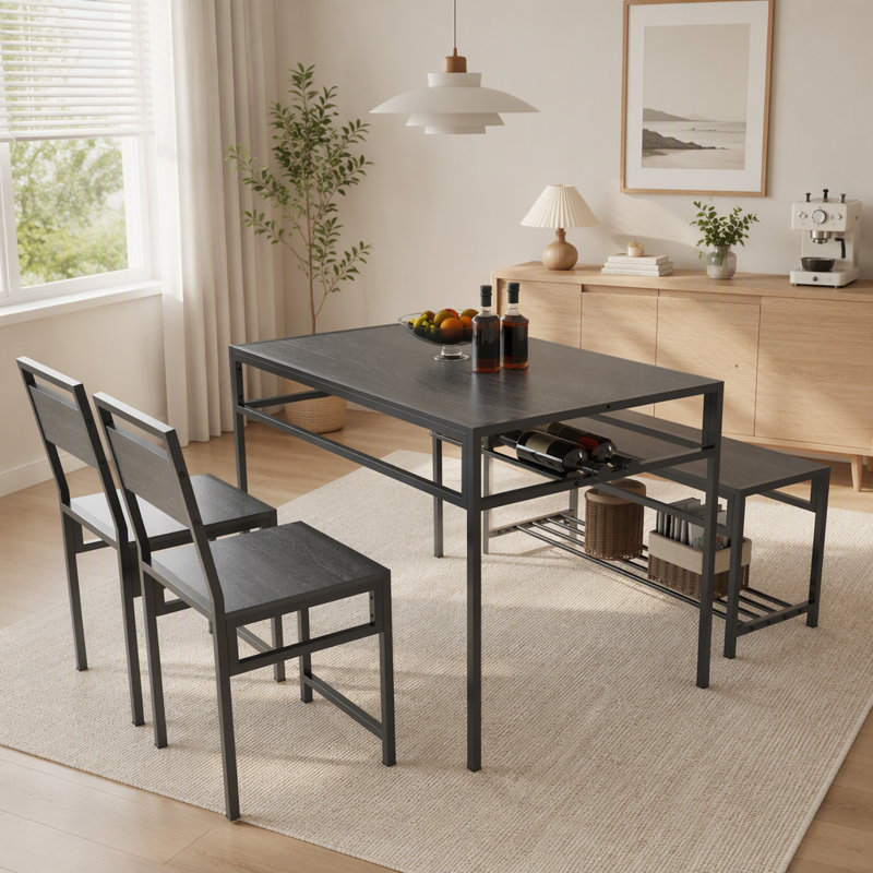 Ensemble de salle à manger industriel 5 pièces avec table, 2 chaises et 1 banc de rangement, table rectangulaire en bois veiné avec casier à vin intégré, gain de place