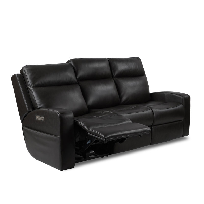 Laniesha Upholstered Power Reclining Sofa, Black Genuine Leather