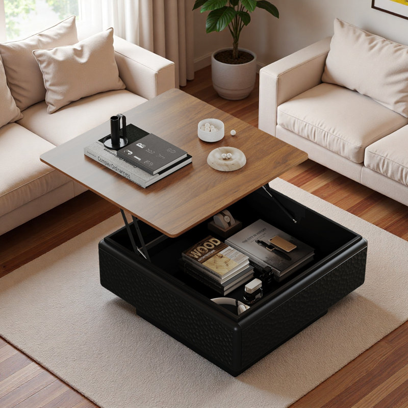 Table basse moderne carrée avec plateau relevable, rangement dissimulé et base flottante