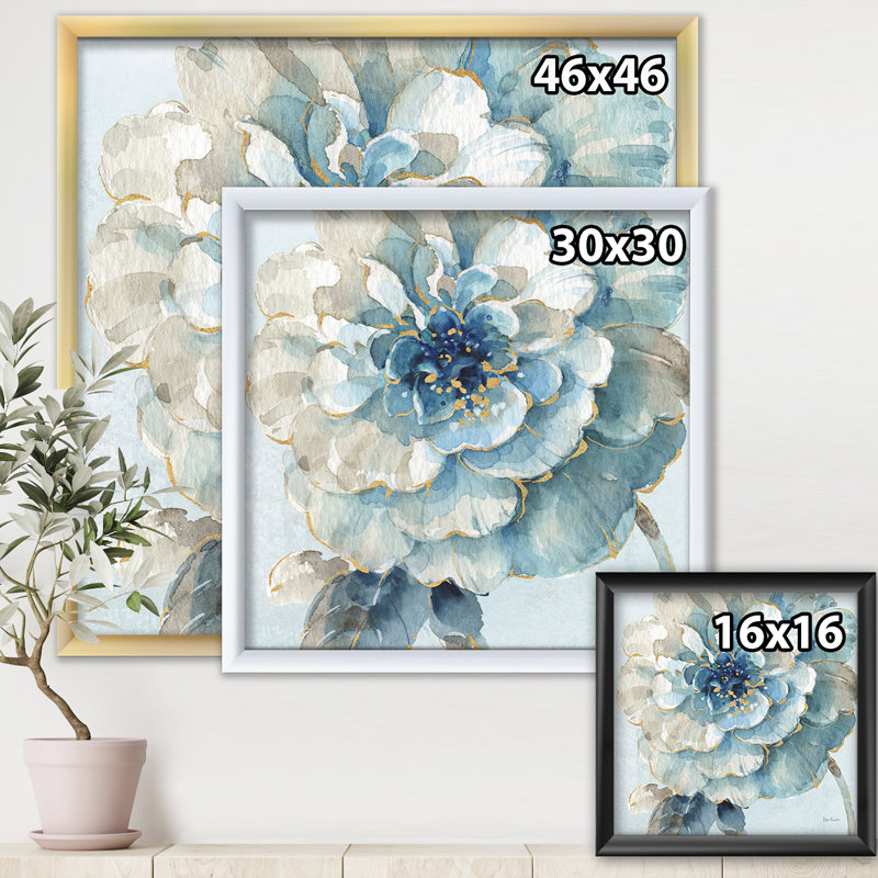« indigold aquarelle fleur ii »-reproduction d’image sur toile, H 16 po x l 16 po x P 1 po, Cadre argenté
