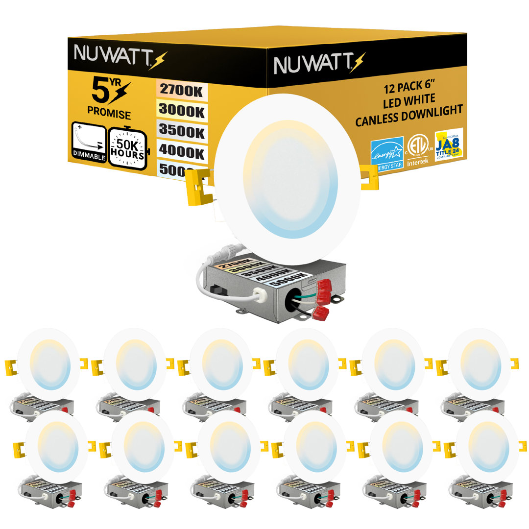 6'' Selectable Color Temperature Dimmable Air-Tight IC Rated LED Canless Recessed Lighting Kit (Set of 12) NUWATT