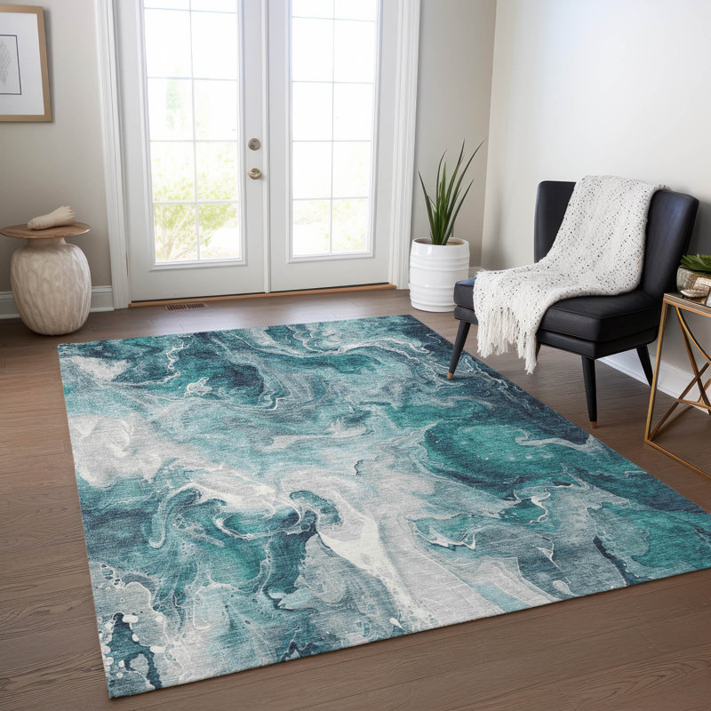Teal Abstract Watercolor Machine Washable Indoor/Outdoor Rug