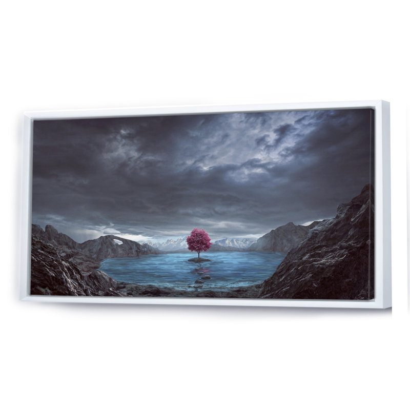 Un seul arbre rose au milieu du lac - photographie sur toile, H 8 po x l 12 po x P 1 po, Cadre blanc