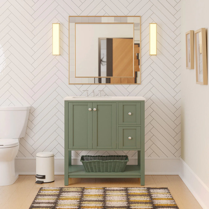 Binne 36'' Single Bathroom Vanity with Top, Sage Green, Engineered White