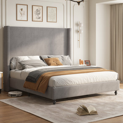 Wauseon Crofford King Size Modern Corduroy Upholstered Bed with 65'' Tall Headboard&Solid Wood Legs, Gray