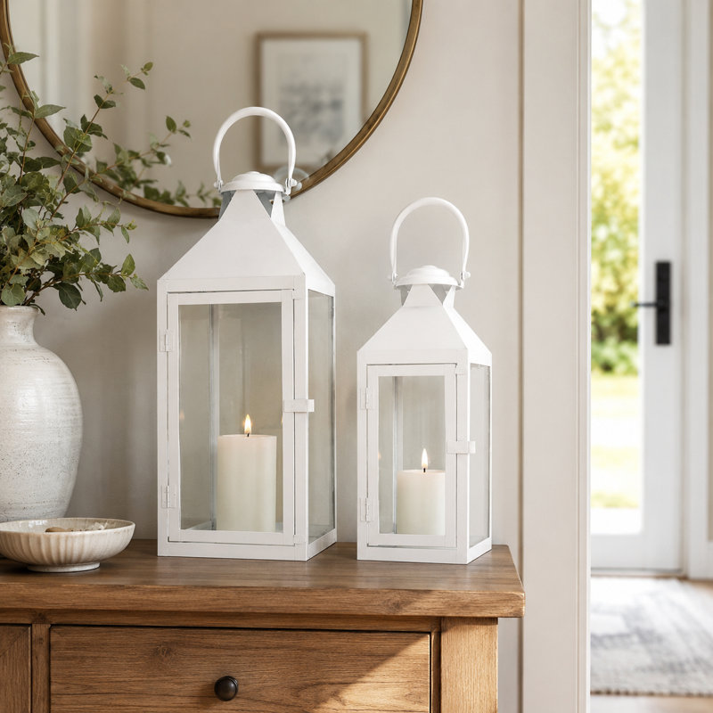 JHY DESIGN Set of 2 Metal Lanterns with Tempered Glass Farmhouse Candle Holders, White