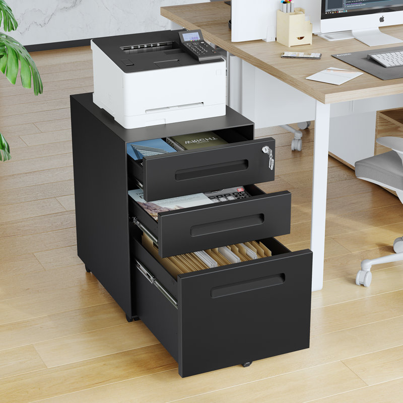 3 Drawer File Cabinet, Mobile File Cabinet with Lock on Wheels, Letter/Legal Size, Fully Assembled., Black