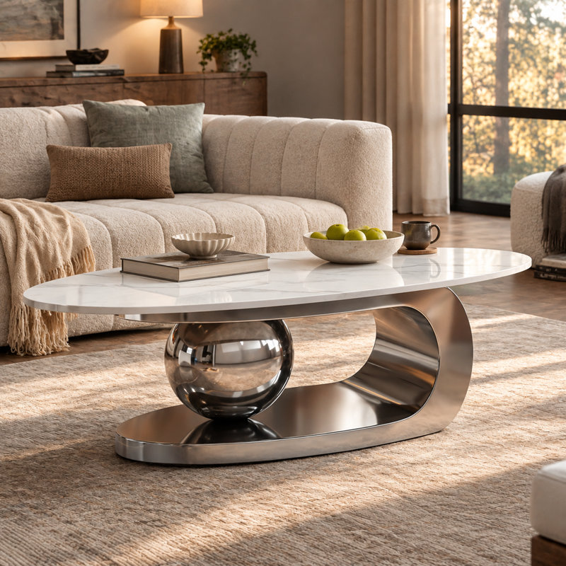 Table basse ovale de 125,4 cm (49,35 pouces) avec plateau en pierre frittée imitation marbre et piètement en acier inoxydable