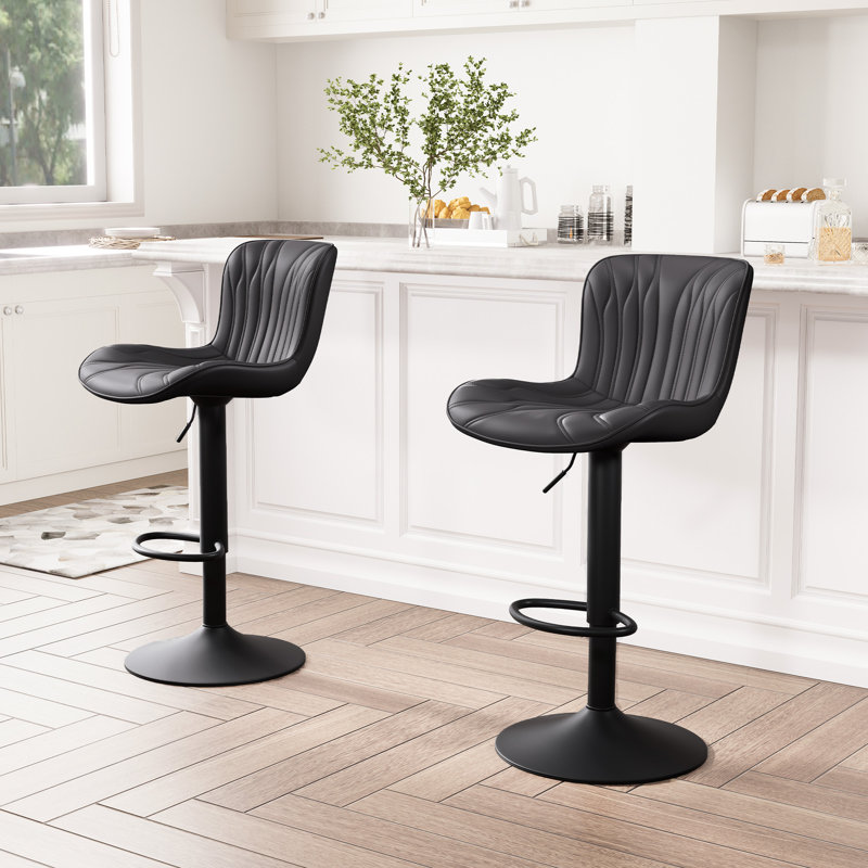 Denan Swivel Adjustable Height Bar Stools, Faux Leather Modern Bar Stools, Upholstered Counter Stool, Black
