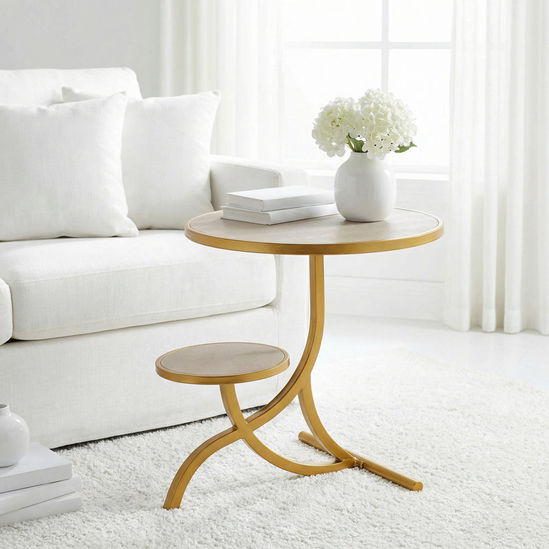Table de bout ronde avec tablette Pazong, or et plateau en similicuir