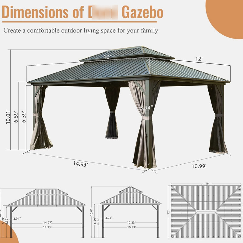 Pavillon de jardin 12 'x 16' pour un moment extérieur agréable dans le patio et la cour avec un rideau, un espace de détente privé