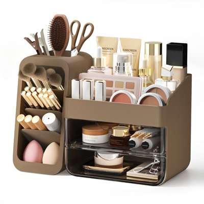 Organisateur de maquillage et de soins de la peau à poser sur le comptoir, avec porte-pinceaux ajustable, plastique extra épais, tiroirs transparents, grand organisateur pour meuble-lavabo de salle de bain, rangement cosmétique pour parfum, rouge à lèvres, palettes (taupe), (taupe)