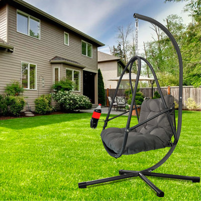 Fauteuil à œufs pivotant avec support Fauteuil suspendu en osier de rotin pour l'intérieur et l'extérieur avec support de type C, avec coussin et oreiller