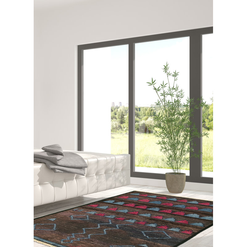 Tapis marocain brun foncé en laine nouée à la main de conception unique 4 pi x 6 pi New Age