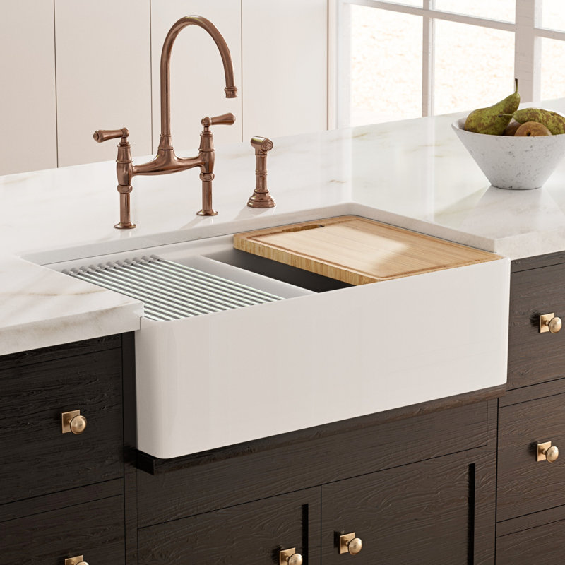 33 x 20 Inch Fireclay-Made Farmhouse Kitchen Sink Reversible with Deep Double Bowls Design & Full Accessories