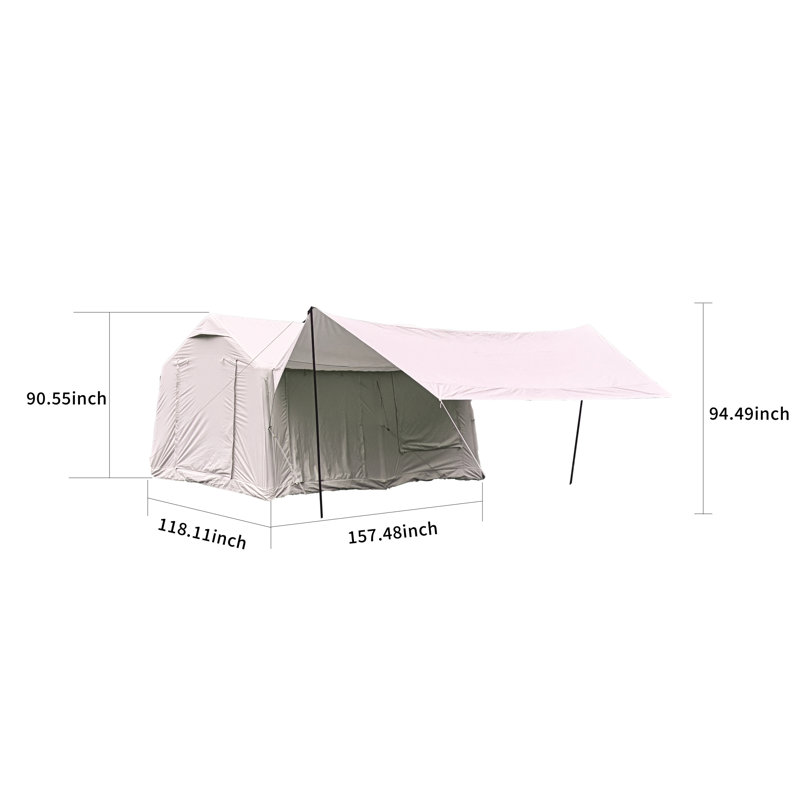 X13ft inflatable camping tent with canopy & hand pump, easy setup waterproof & windproof air glamping tent, beige.