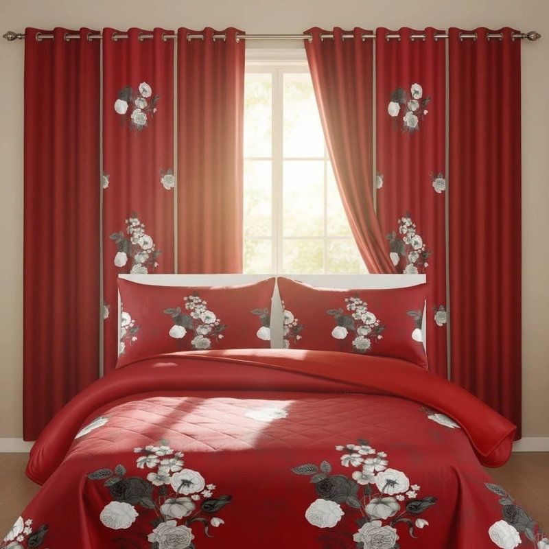 Lit complet géométrique rouge et noir 9 pièces dans un sac: couvre-lit matelassé hydrofuge, 2 taies décoratives et 6 panneaux de rideaux à œillets filtrant la lumière - Ensemble de couvre-lit transitionnel