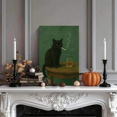 1 PC encadré Knepp peinture chat noir, Cigares et whisky, impression de style peinture à l'huile réaliste, affiche murale rétro, cadeau parfait pour une œuvre d'art moderne pour le salon de la chambre à coucher