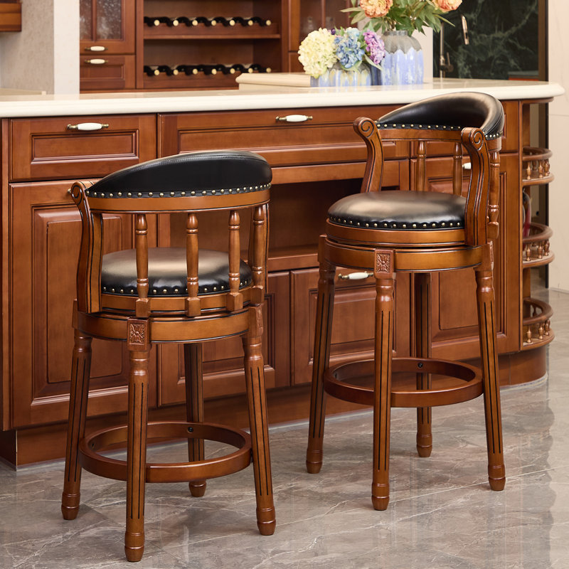 Tabouret de bar pivotant en cuir véritable véritable avec structure en bois d'hévéa massif, dossier mi-haut, Noir