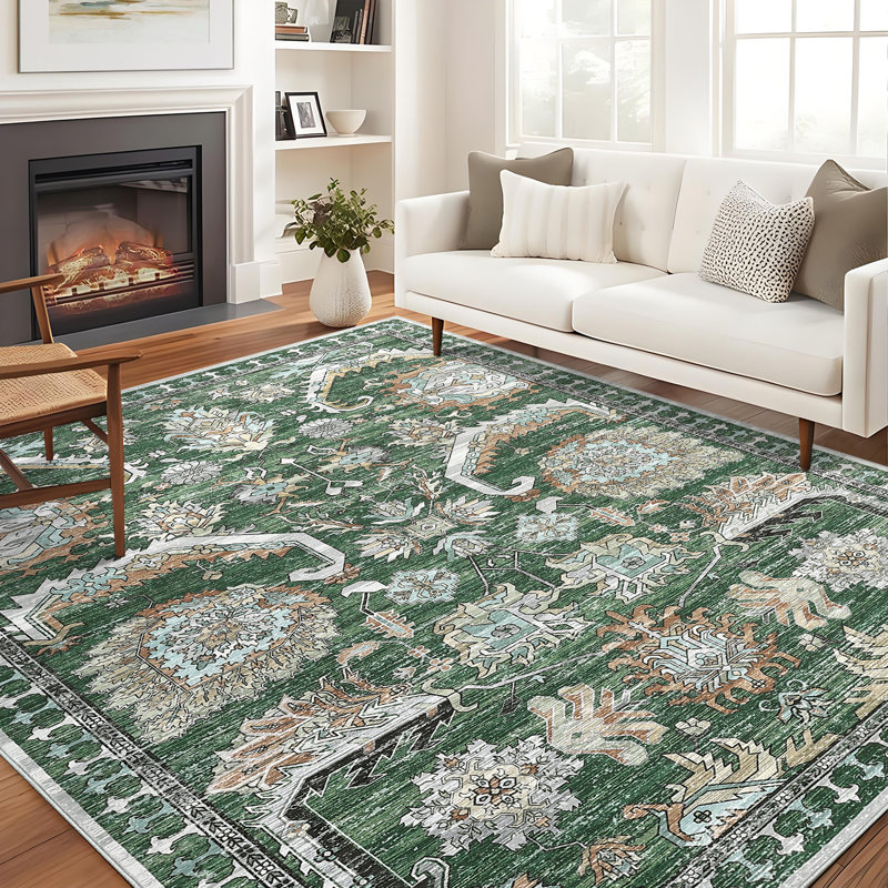 Oriental Machine Washable Rug with Rubber Backing for Living Room Vintage Non-Slip Dining Room Rug Floral Printed Faux Wool Rugs for Bedroom Floor Carpet for Office Nursery Playroom