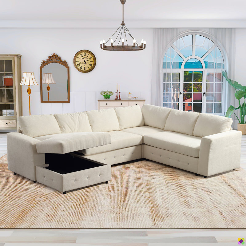 Praylow 110.75"W LAF U-shape Chenille Sectional, Storage Chaise, Beige Chenille