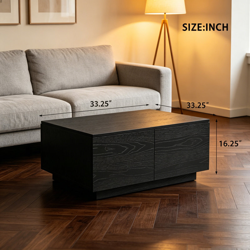 Table basse carrée 33,25 po à 4 tiroirs, Noir