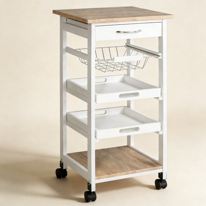 Chariot de cuisine mobile, îlot de cuisine roulant avec rangement, chariot utilitaire à cadre en bois massif avec paniers à fruits grillagés, plateaux et tiroir, blanc
