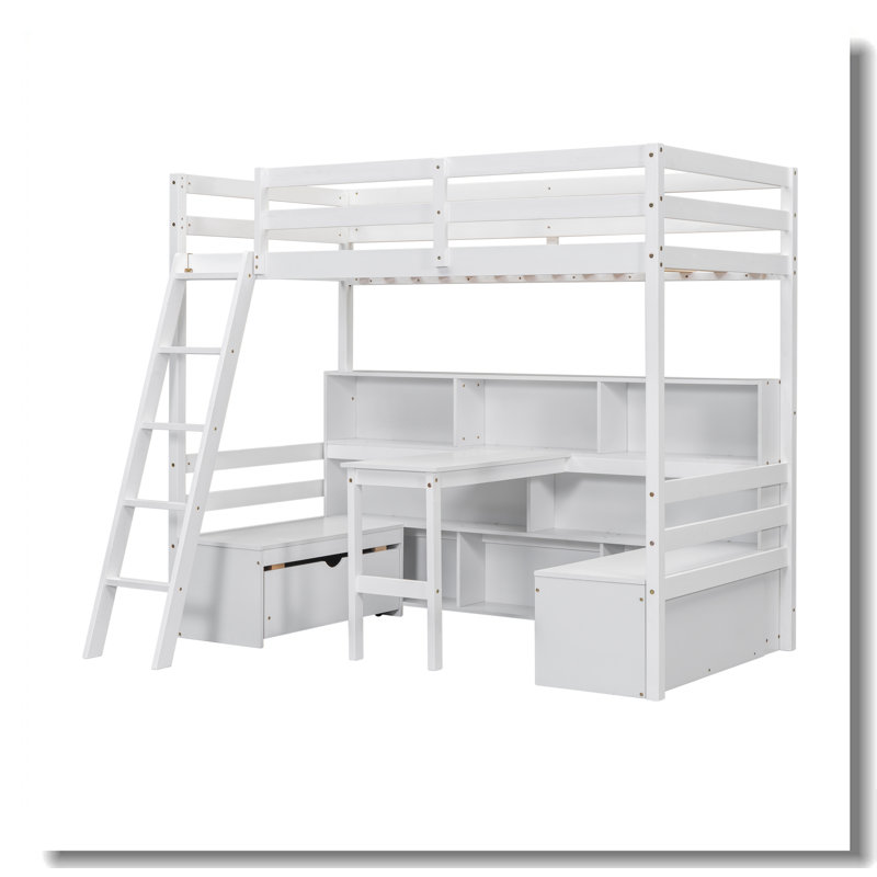 Lit mezzanine simple avec tablettes de rangement, tiroirs, siège et bureau, Blanc