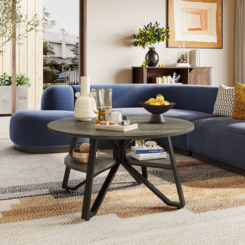 Table basse ronde à 2 niveaux Briahna, Chêne gris rétro