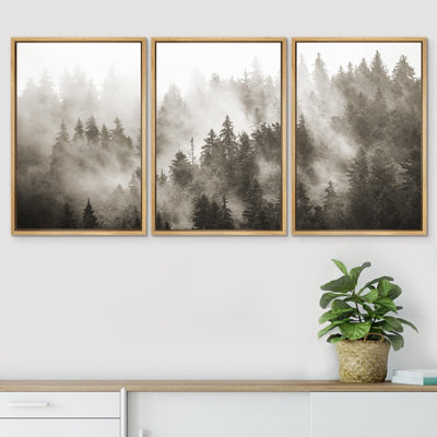 "IDÉE4WALL", reproduction d'art sur toile encadrée, ensemble de décor de chambre de bébé boisé, brouillard sépia, forêt de montagne, nature sauvage, art moderne, paysage rustique pour salon, chambre à coucher, bureau, impression sur toile, 3 piè