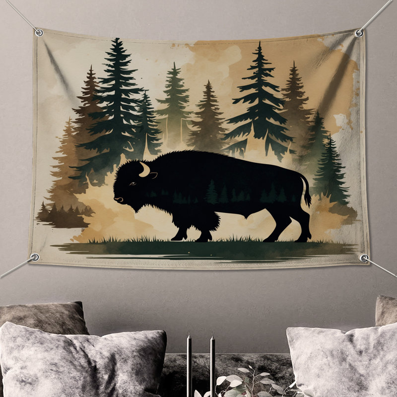 Tapisserie murale «Bison In Forest» - décoration murale bison, H 50 po x l 60 po avec 4 œillets