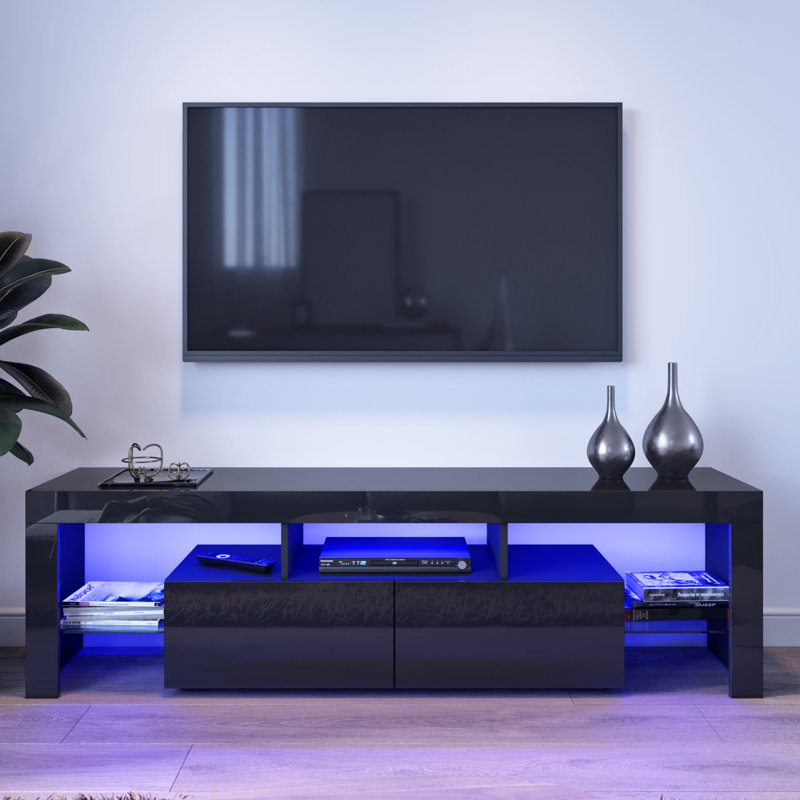 Birchfield 160Lx35Wx45H cm High Gloss TV Stand/TV Cabinet, 2 Drawers 3 Storage, RGB Remote, 16W, Fits 65" TVs   , Black