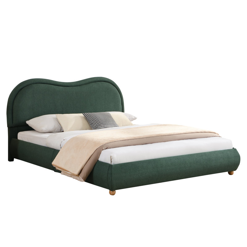 Lit plateforme en chenille avec tête de lit tapissier éponge incurvée de 8 cm, Très grand, Vert olive