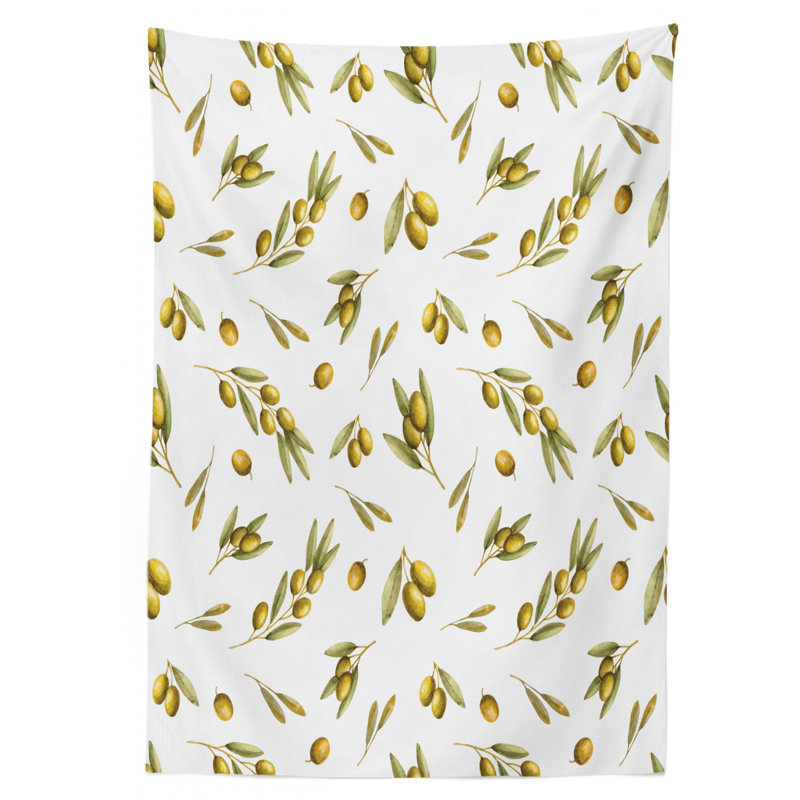 Leaf Mediterranean Watercolor Branches and Leaves of Olives Tablecloth, 90" L x 60" W